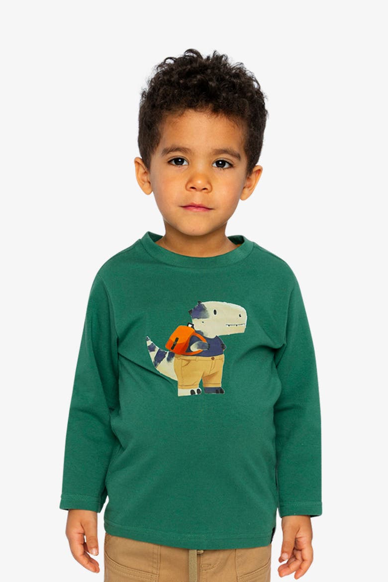 Organic Cotton Dino Appliqué Crew Neck Long Sleeve T-Shirt, Alternate, color, Green