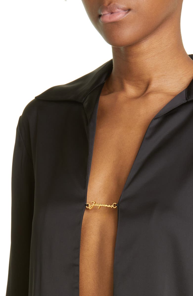 Jacquemus La Chemise Notte Logo Charm Open Front Stretch Satin Blouse, Alternate, color,