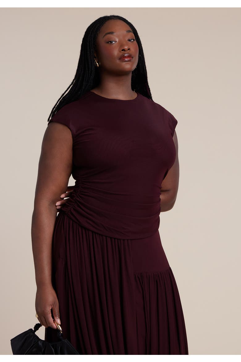 Drape Detail Fitted Mesh Dress, Alternate, color, WINE TASTING