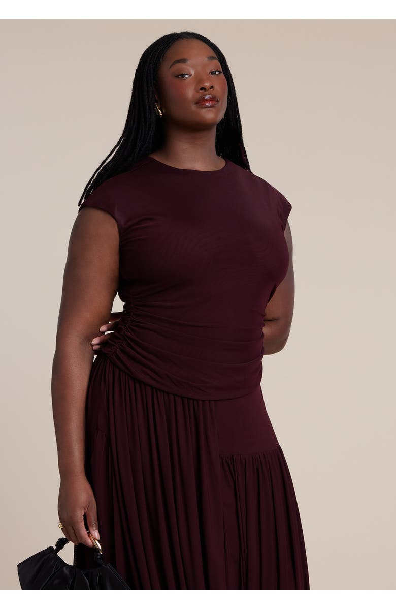 ELOQUII Drape Detail Fitted Mesh Dress, Alternate, color, Wine Tasting