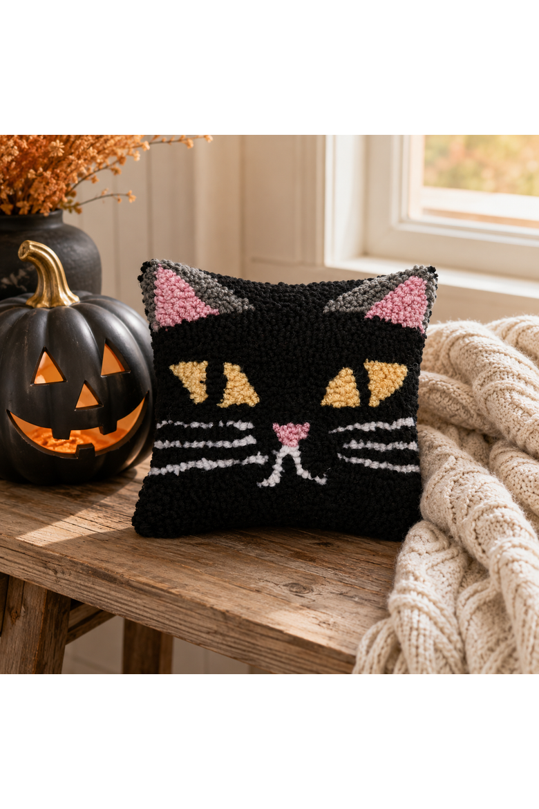 Black Cat Hooked Petite Halloween Accent Pillow 8" x 8", Alternate, color, Black