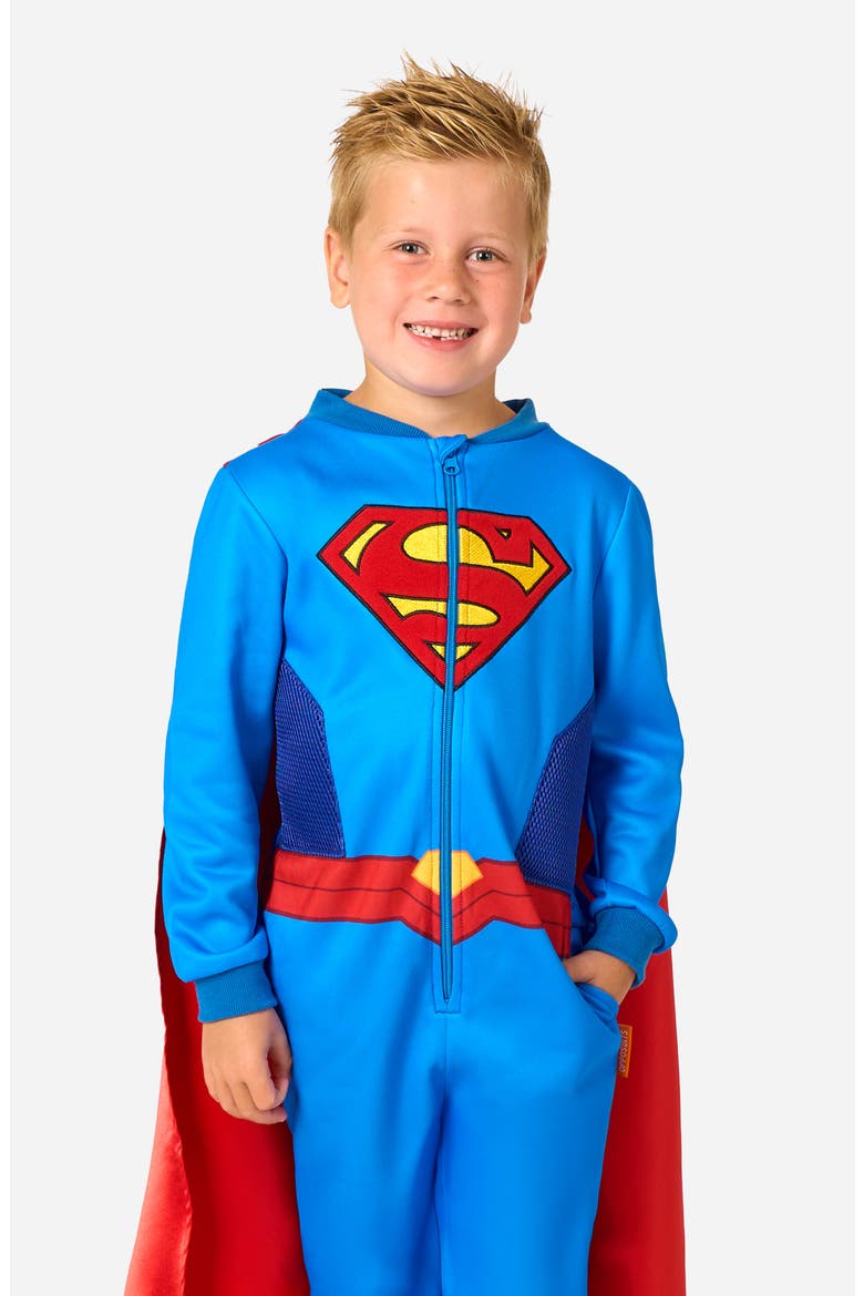 Kids' Superman One-Piece Hooded Jumpsuit, Alternate, color, BLUE