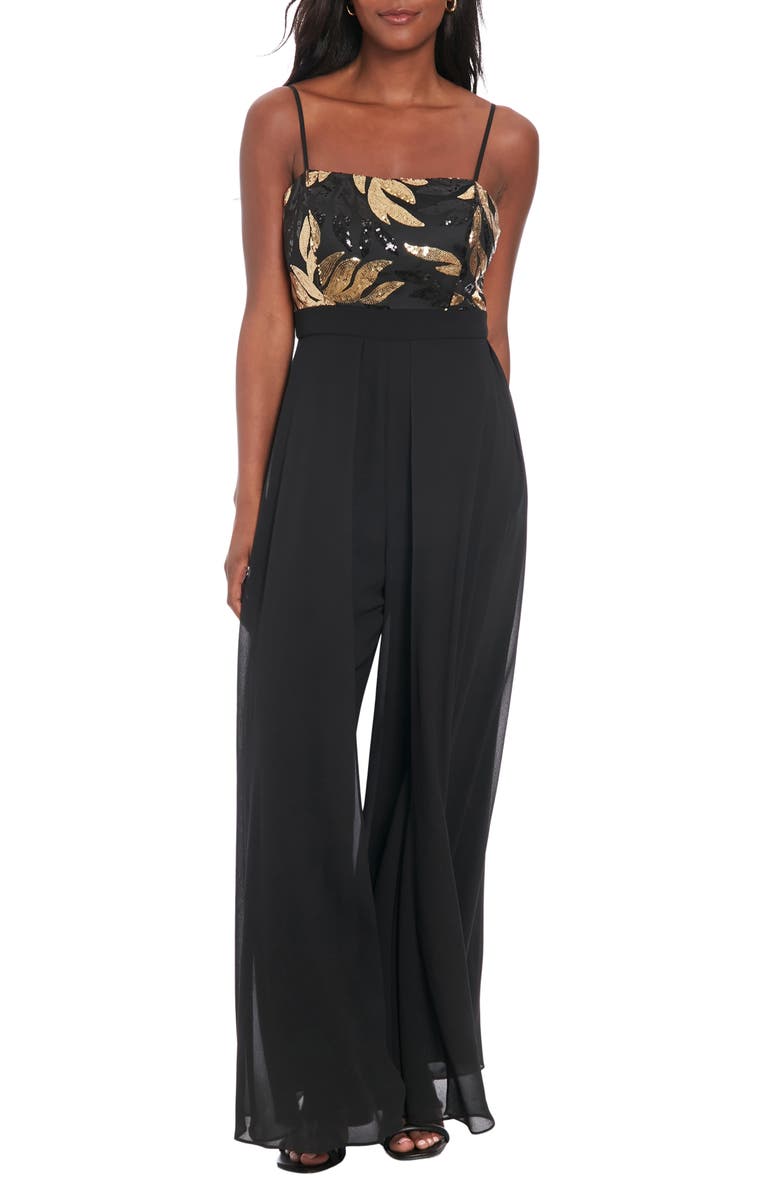London Times Sequin Leaf Overlay Wide Leg Jumpsuit, Main, color, Black Gold