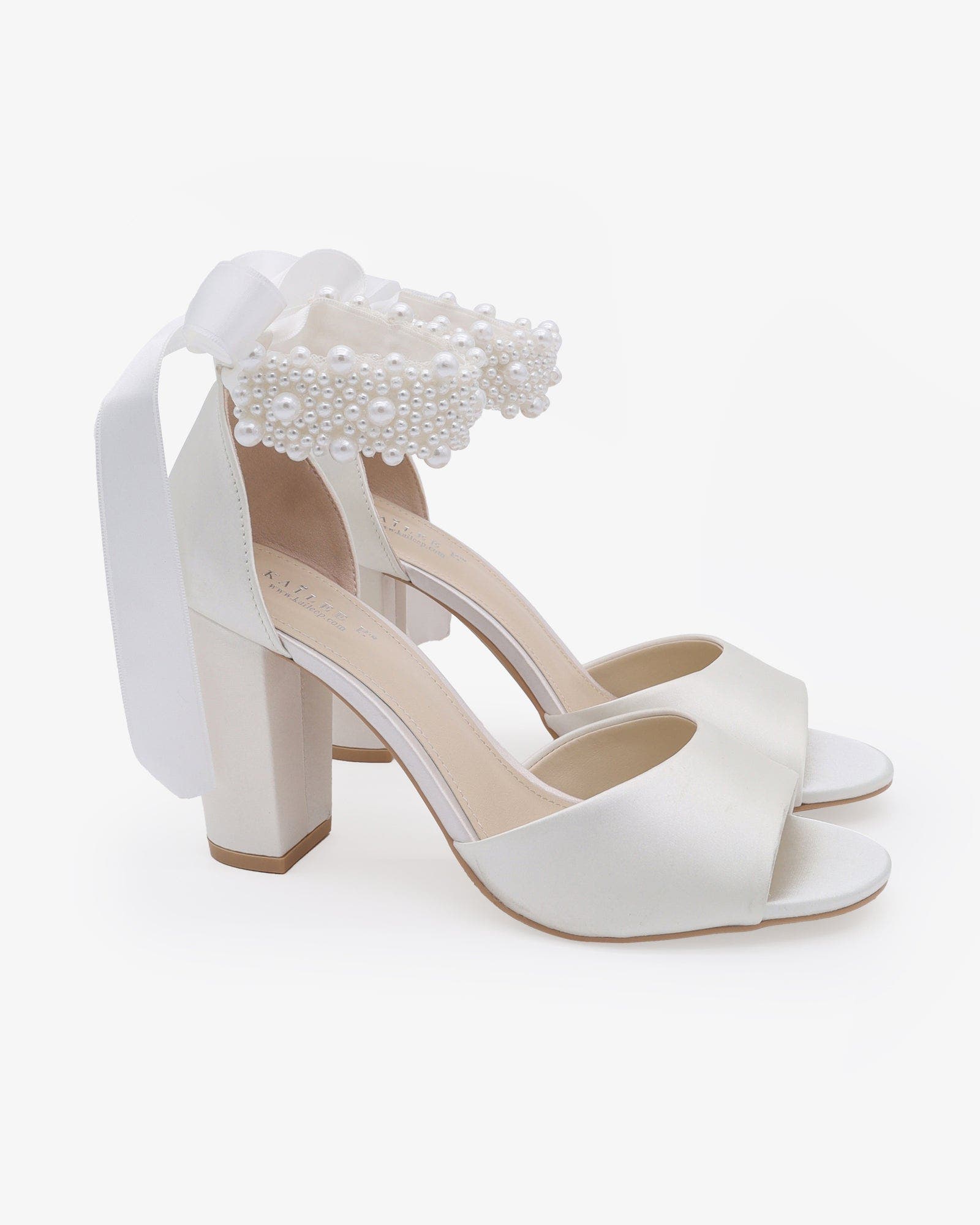 Kailee P Sasha Satin Block Heel Wedding Sandals with Perla Ankle Strap, Main, color, White