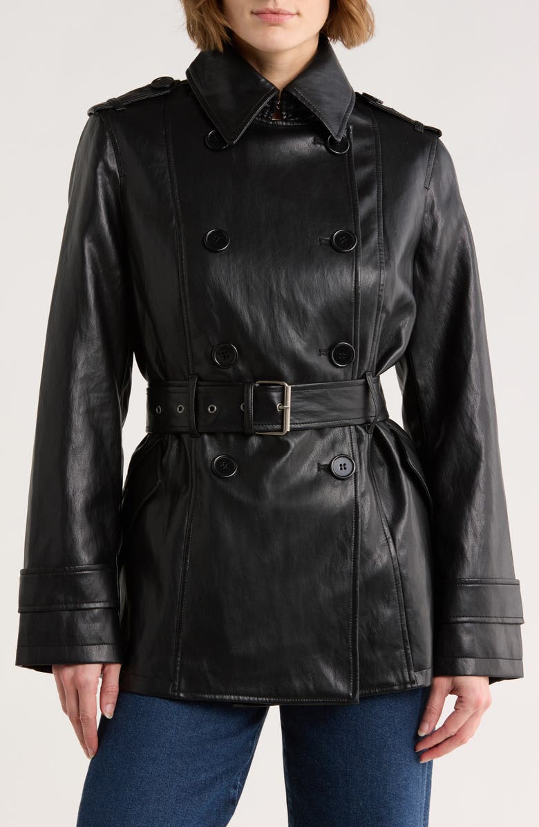 MAX STUDIO Belted Faux Leather Trench Coat, Main, color, Black