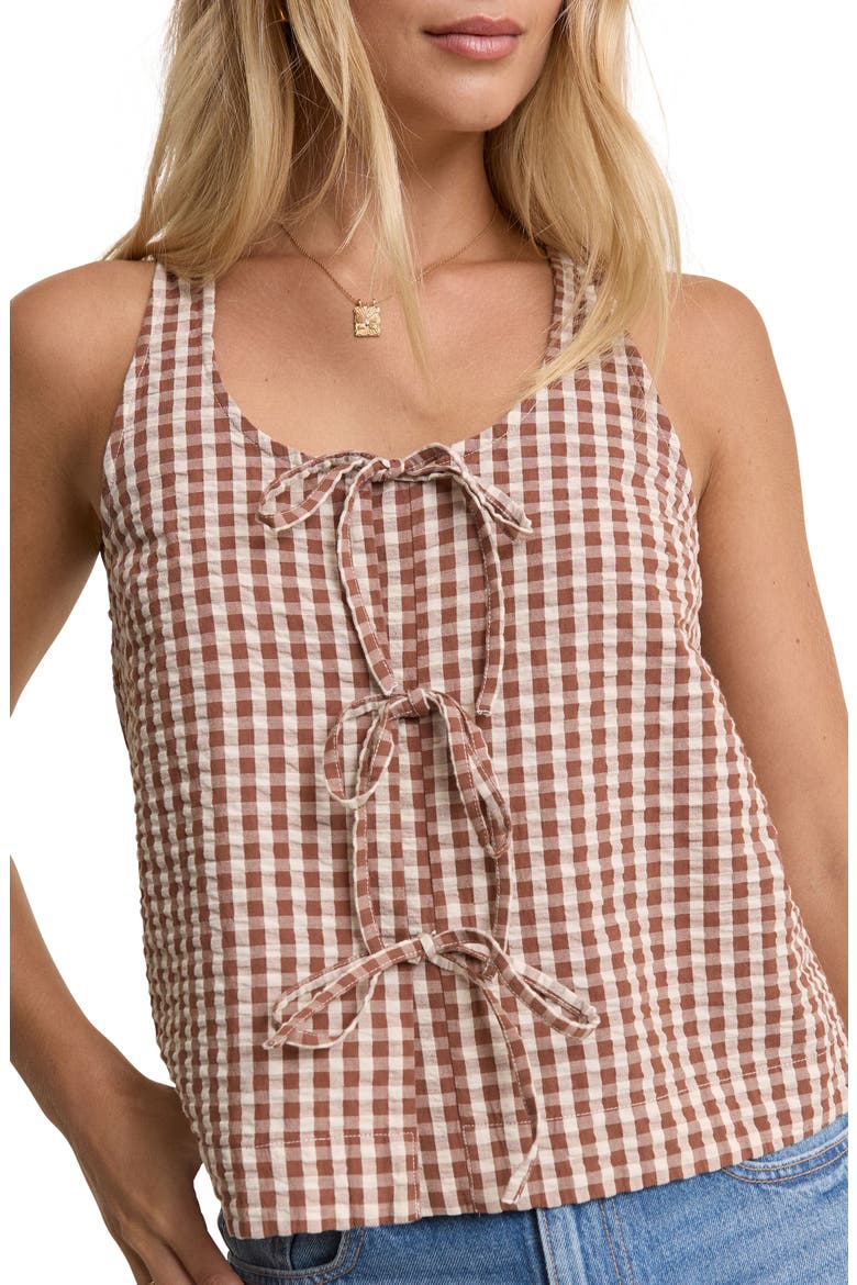 Thea Gingham Tie Front Cotton Top, Alternate, color, BROWN