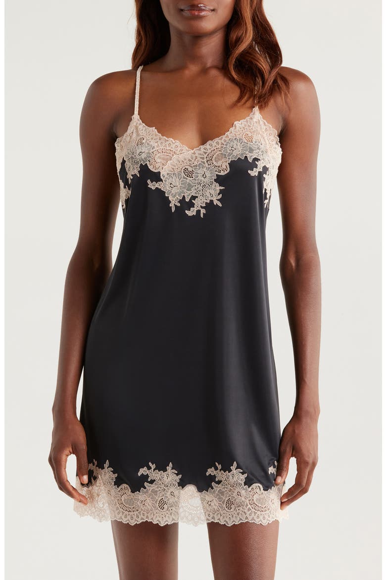 Enchant Lace Trim Satin Chemise, Main, color, BLACK