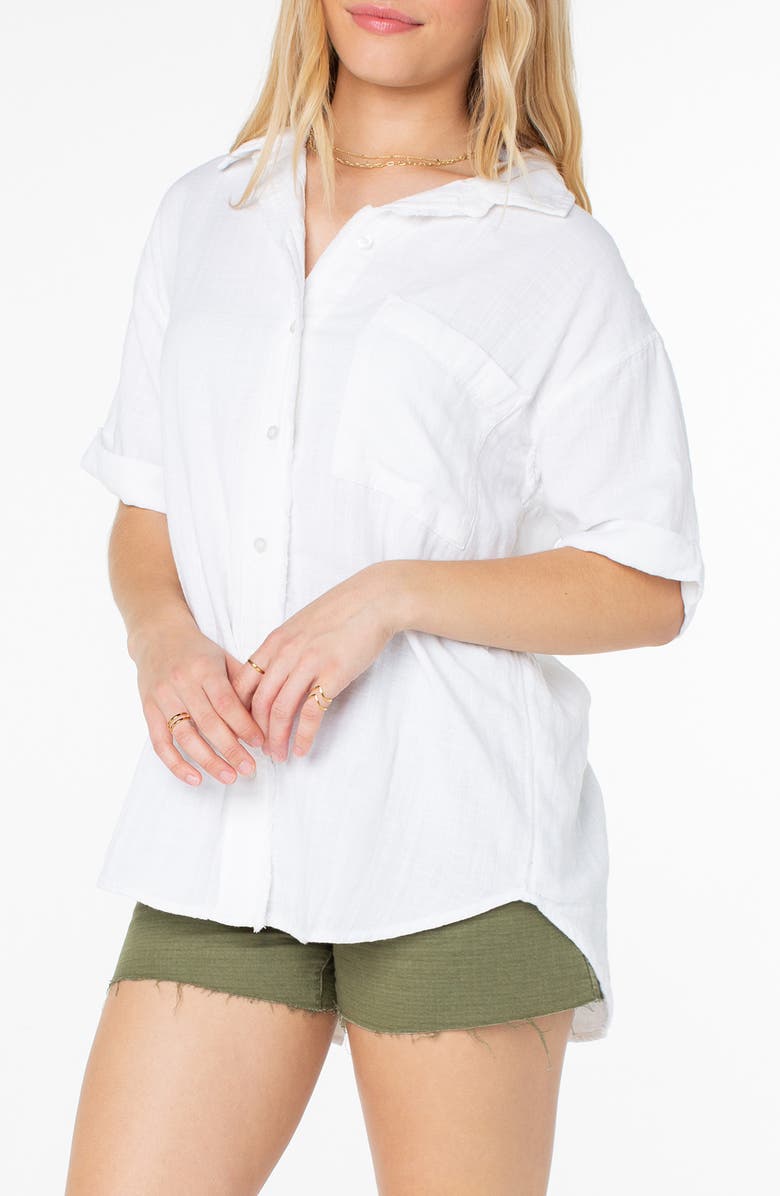 Roxy Maile Cotton Gauze Tied Button-Up Shirt, Main, color, Snow White Solid