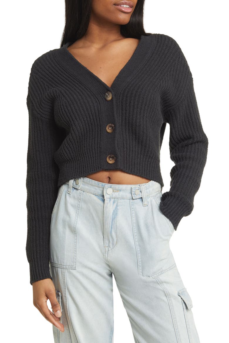 Rib Crop Cotton Blend Cardigan, Main, color, BLACK NIGHT