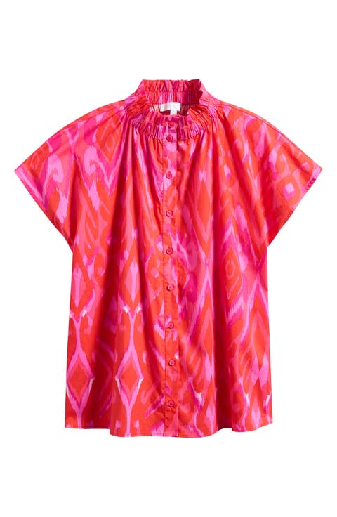 Blevin Ikat Patma Button-Up Mock Neck Top (Plus)