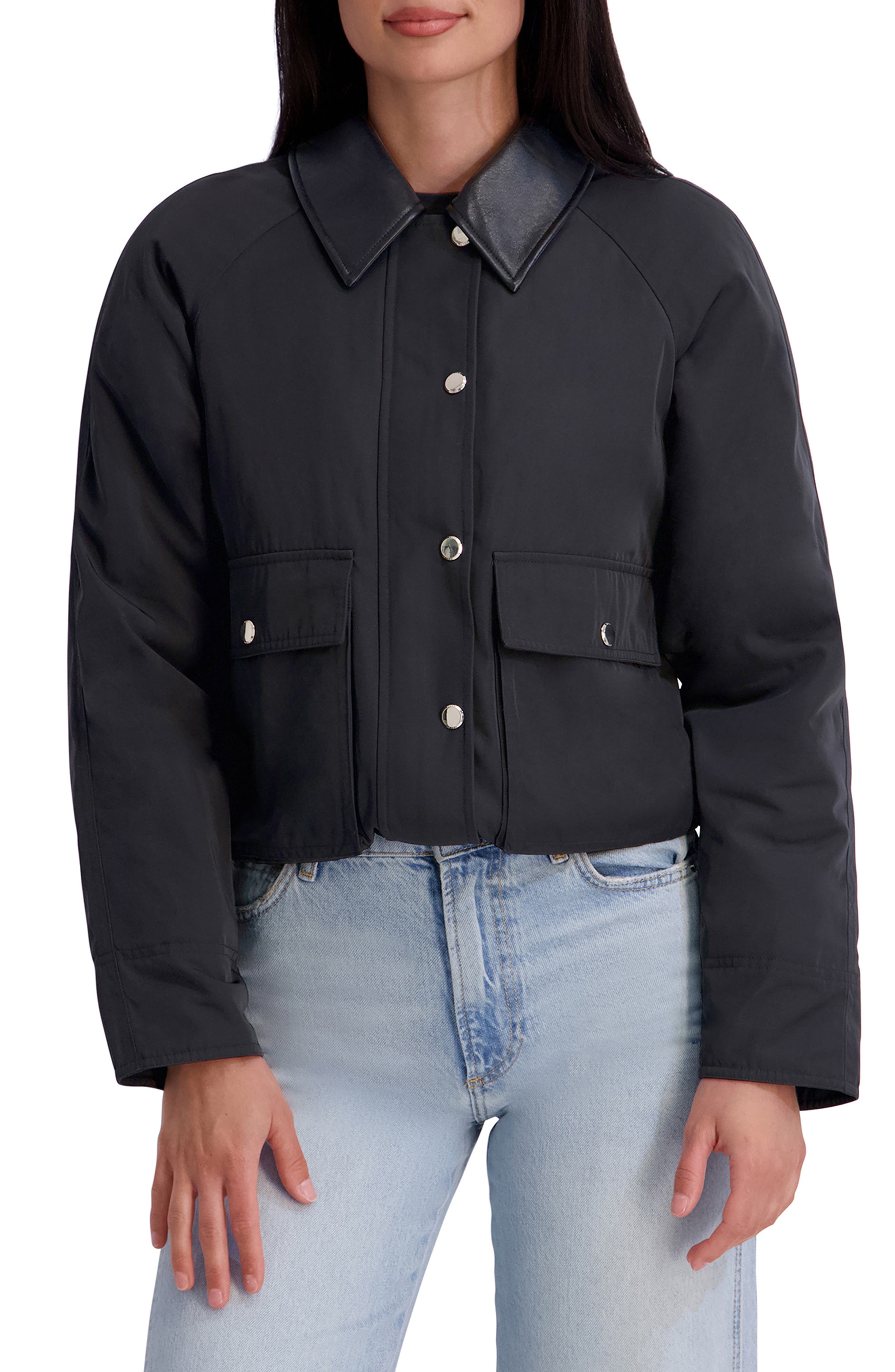 Faux Leather Collar Twill Rain Jacket