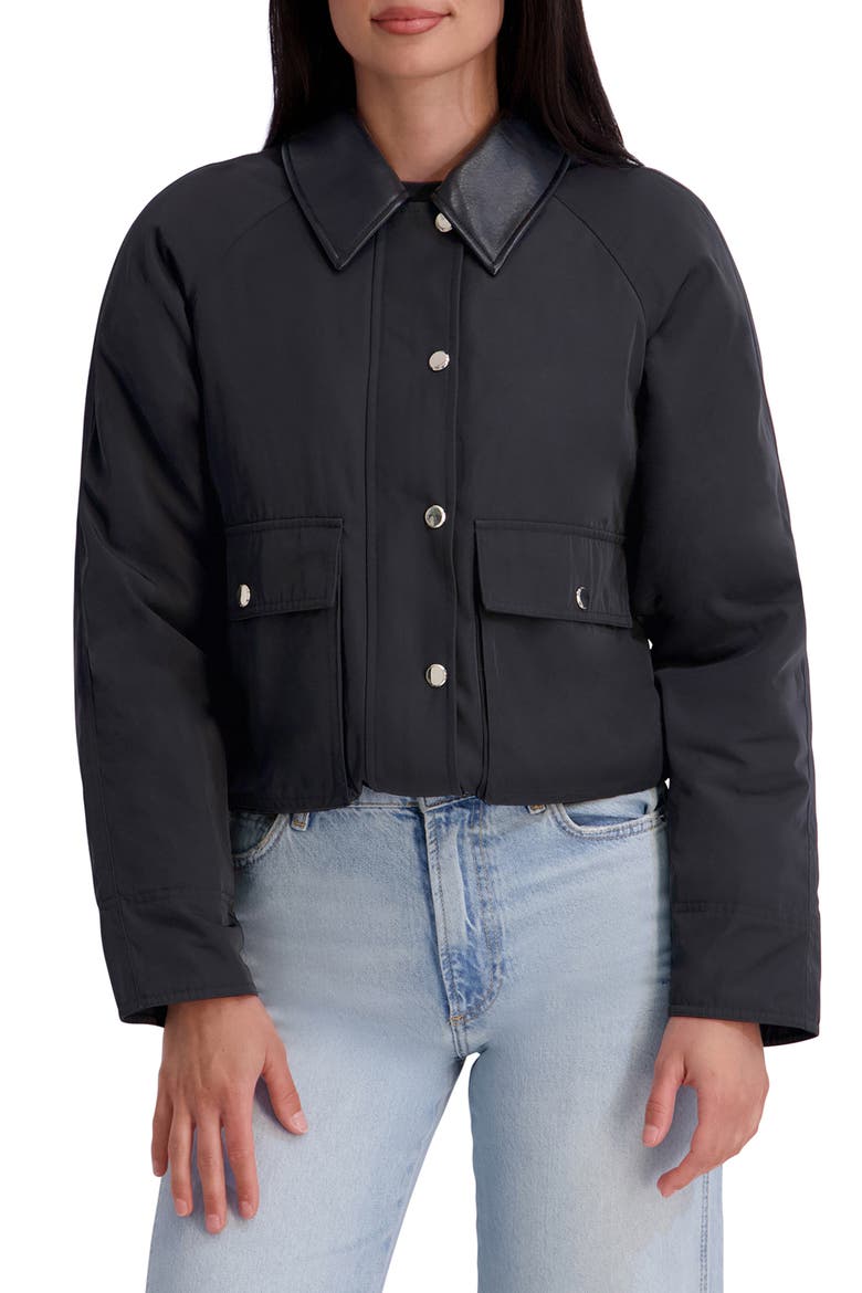 Faux Leather Collar Twill Rain Jacket, Main, color, BLACK