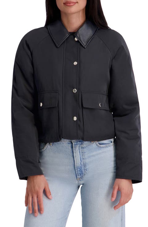 Faux Leather Collar Twill Rain Jacket