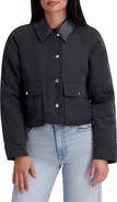Kensie Faux Leather Collar Twill Rain Jacket