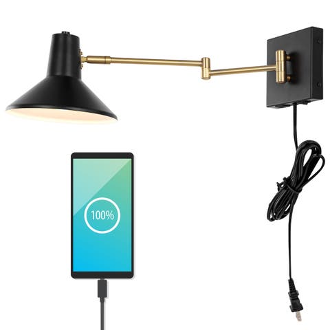 Hygge Swing Arm 1-Light Modern Midcentury Iron USB Charging Port LED Sconce