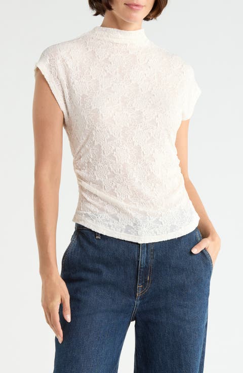 Cap Sleeve Dolman Mock Neck Lace Top