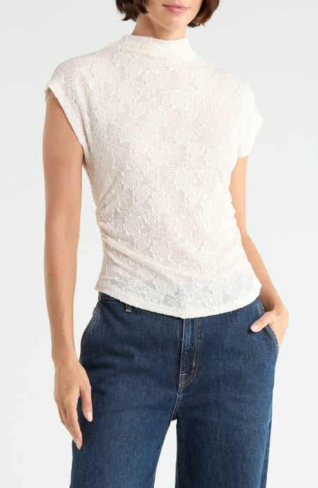 Cap Sleeve Dolman Mock Neck Lace Top
