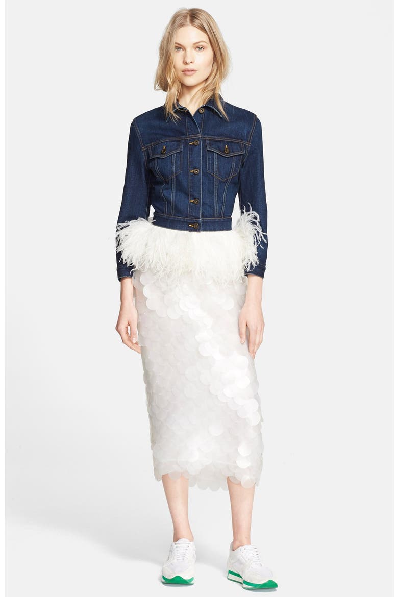 Ostrich Feather Hem Jean Jacket, Alternate, color, INDIGO