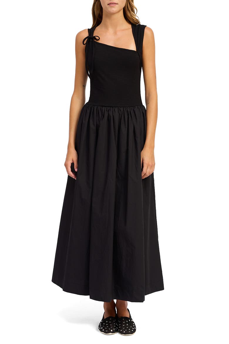 Sloane Asymmetric Neck Mixed Media Maxi Dress, Main, color, BLACK