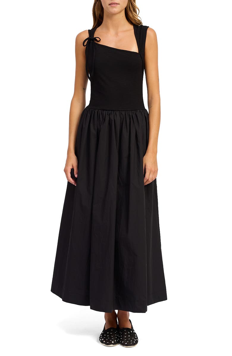 En Saison Sloane Asymmetric Neck Mixed Media Maxi Dress, Main, color, Black
