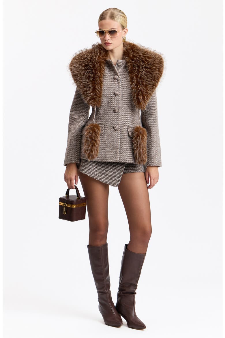 Chevron Blazer with Detachable Faux Fur Scarf, Alternate, color, GREY/ WHITE