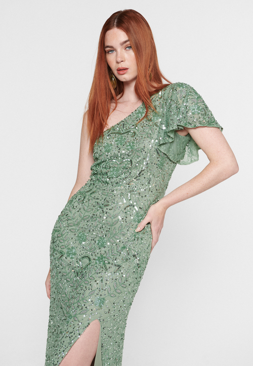 Beauut Embellished Sequin Beaded One Shoulder Short Sleeves Dress In Dark Green