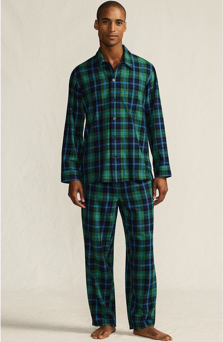 Lands' End Flannel 3 Piece Pajama Set, Alternate, color, Light Emerald Blackwatch