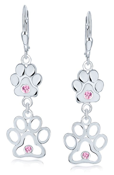 Pet Lover Sterling Silver CZ Paw Print Double Drop Earrings