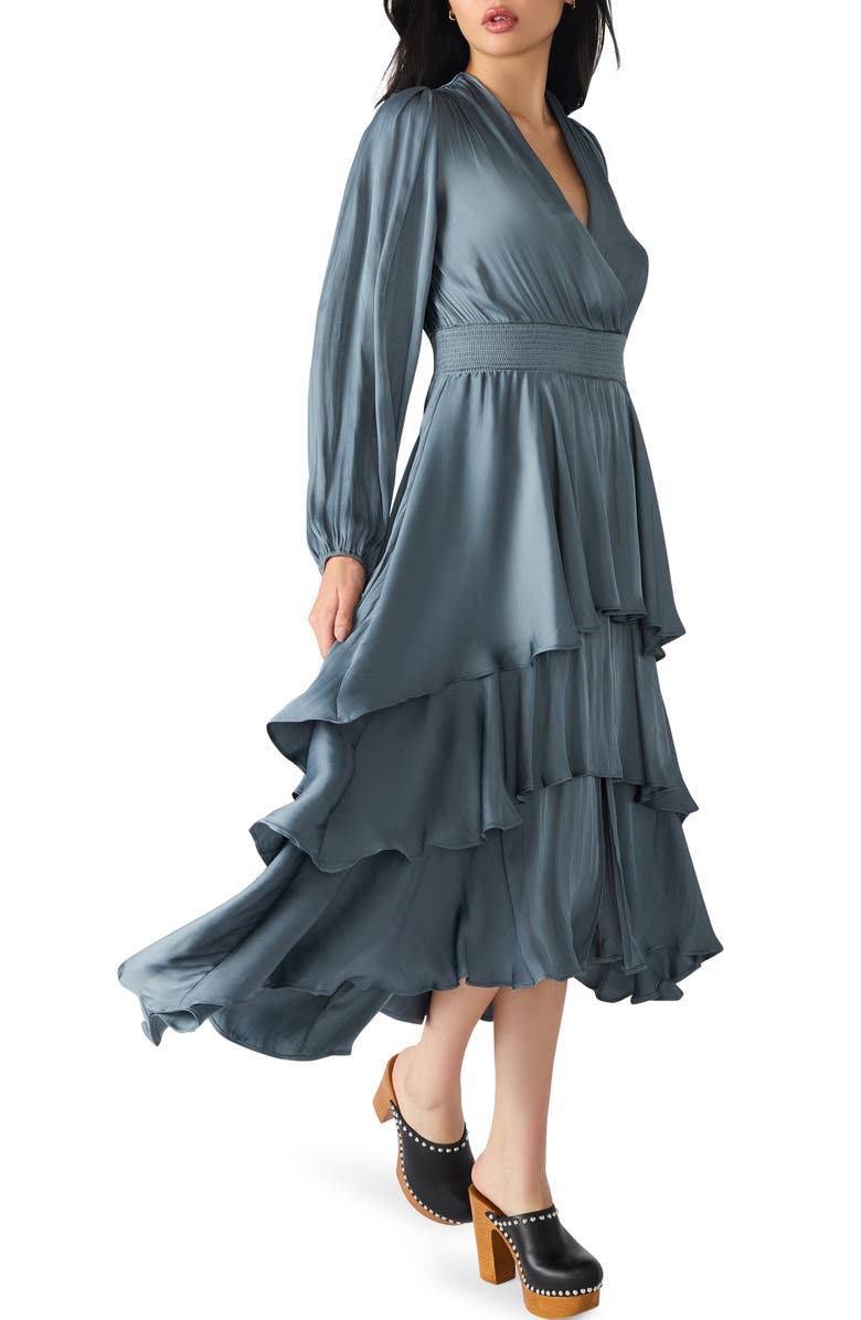 Steve Madden Bei Long Sleeve Tiered Satin Midi Dress, Alternate, color, Cloud Grey