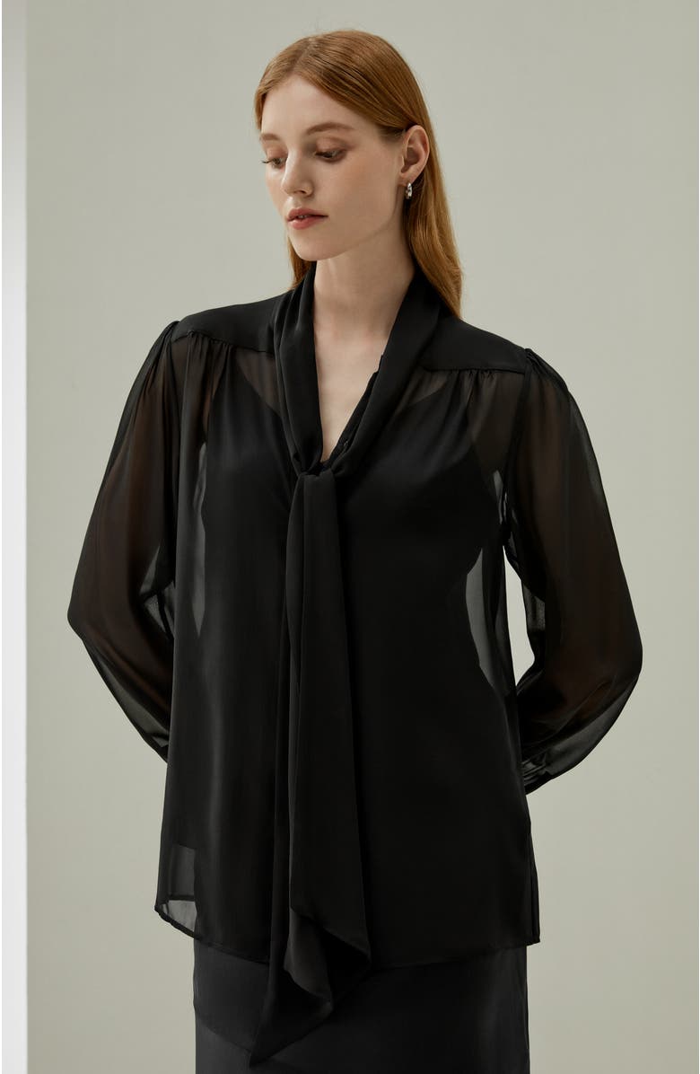 Lilysilk Bow Tie Sheer and Lightweight Silk Jasmine Blouse, Alternate, color, Black
