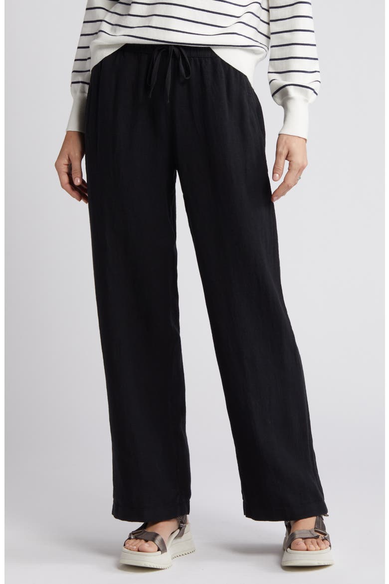 Drawstring Straight Leg Linen Pants, Alternate, color, BLACK