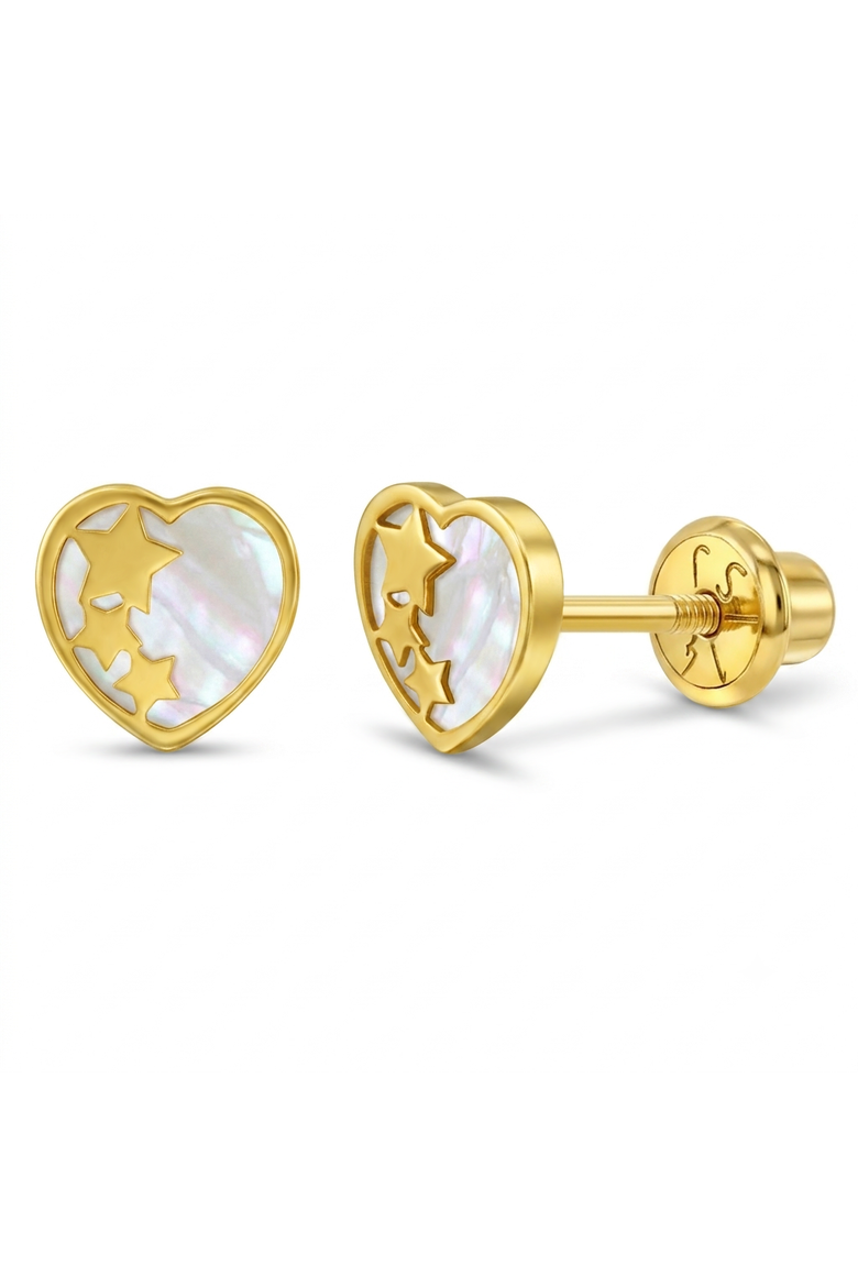 14k Star Banded Mother of Pearl Heart Girl Earrings, Main, color, White
