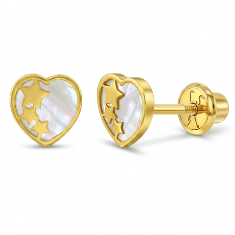 14k Star Banded Mother of Pearl Heart Girl Earrings