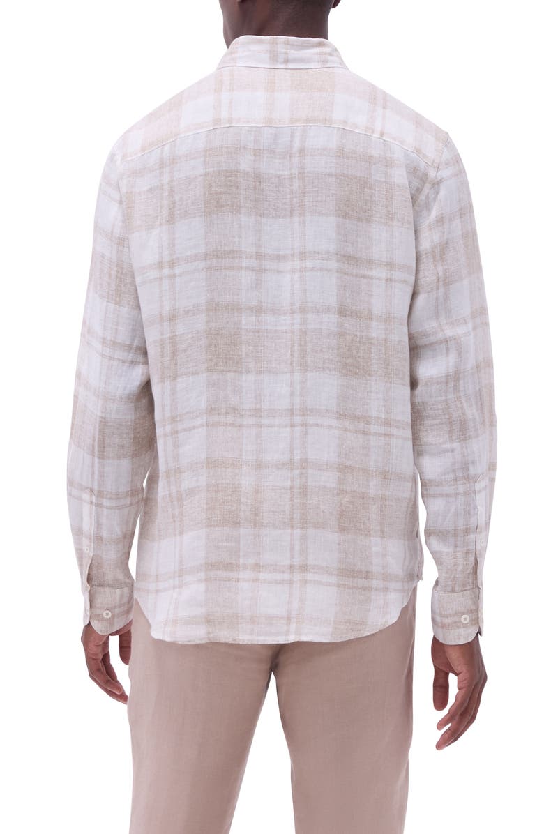 Bugatchi Julian Plaid Slub Linen Button-Up Shirt, Alternate, color, Sand