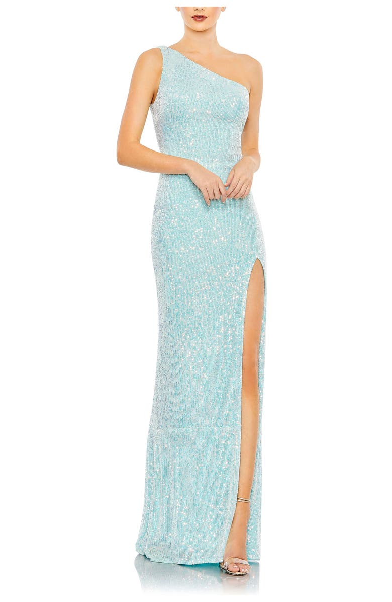 Mac Duggal Sequined One Shoulder Draped Back Gown, Main, color, Ice Blue