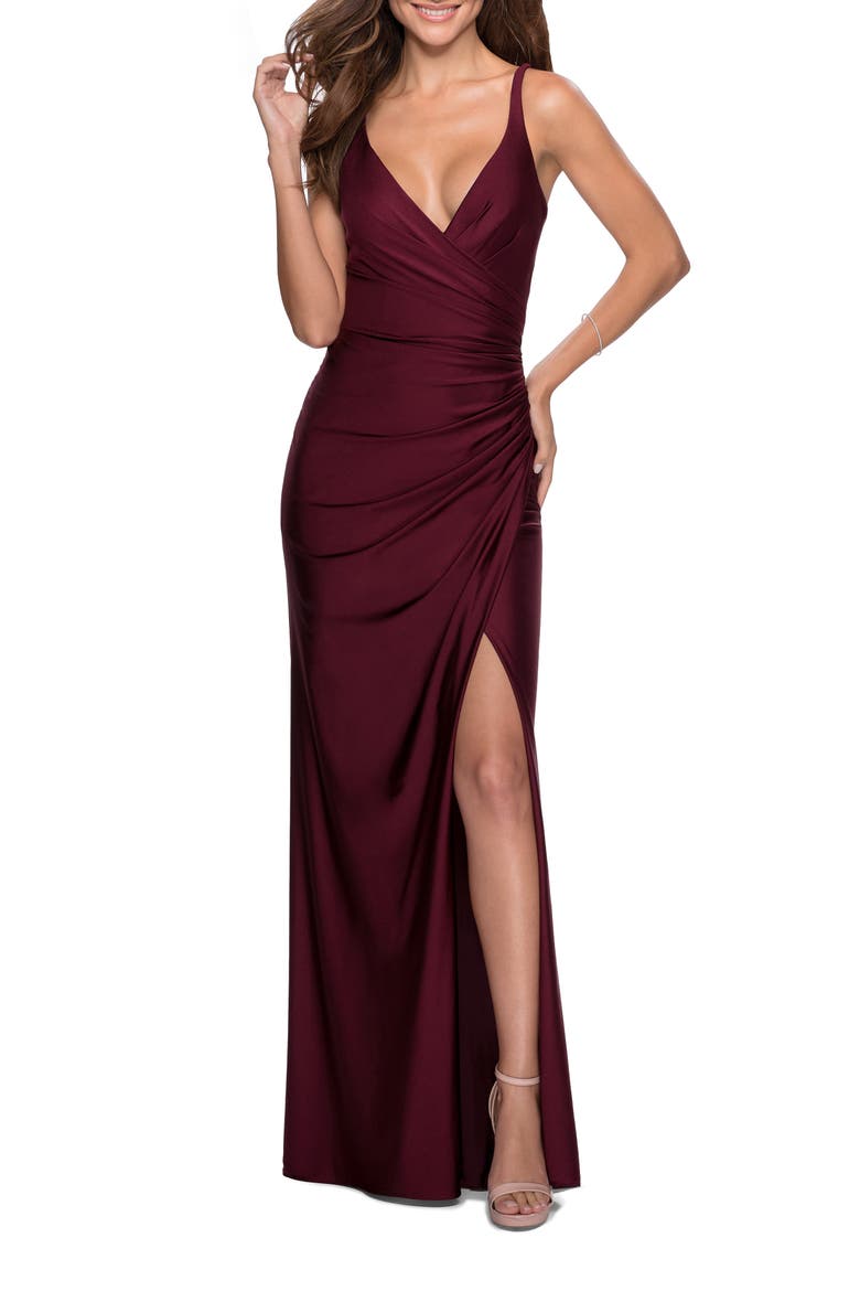 Ruched Jersey Prom Dress with Tie Up Back, Main, color, DARK BERRY