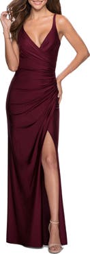 La Femme Ruched Jersey Prom Dress with Tie Up Back