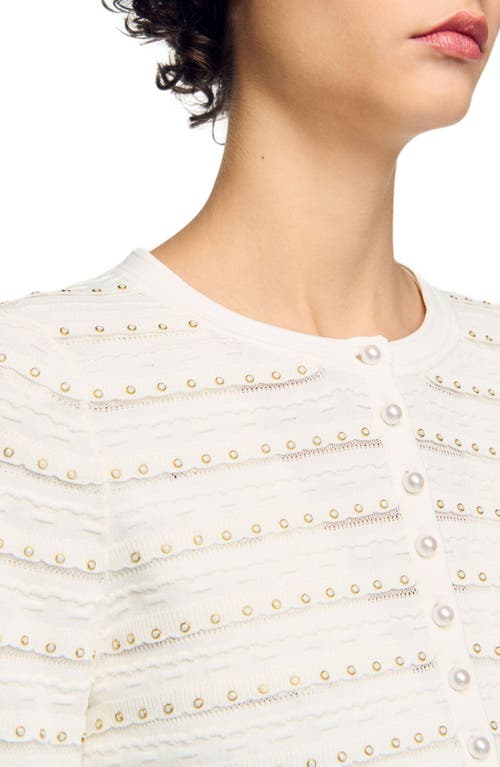 Sandro Cropped Cardigan With Pearl Buttons In Ecru