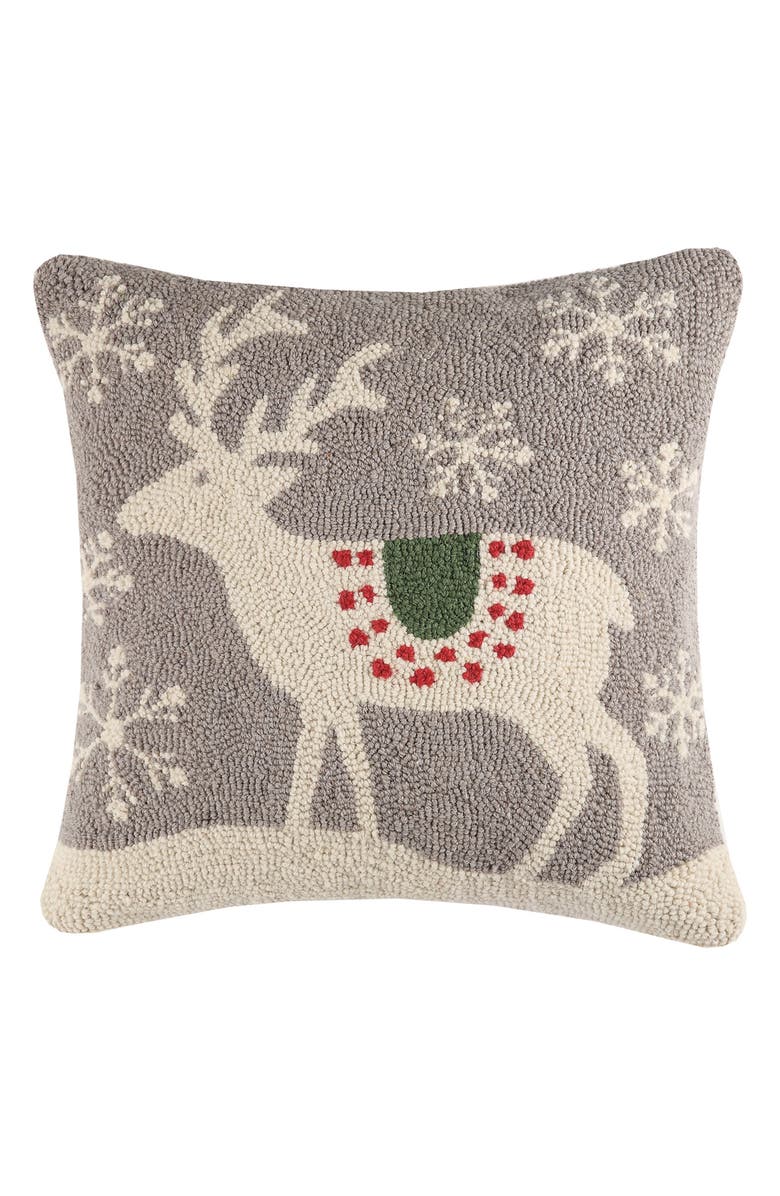 Peking Handicraft Scandinavian Reindeer Hooked Accent Pillow, Main, color,