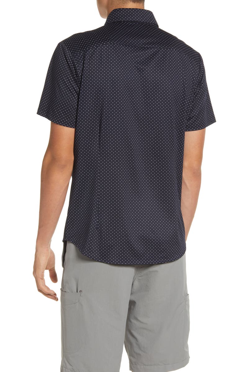 Mizzen+Main Men
s Halyard Trim Fit Dot Print Short Sleeve Performance Button-Up Shirt, Alternate, color, Navy Dot Print