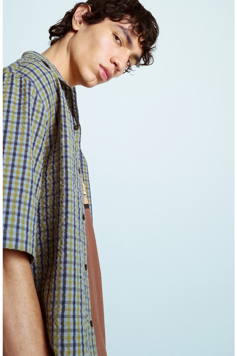 Plaid Cotton Seersucker Button-Up Shirt, Alternate, color, GREEN MULTI