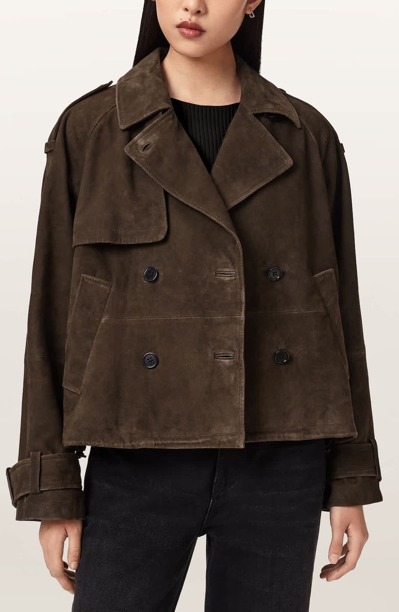 AllSaints Reya Suede Cropped Trench Coat, Main, color, 