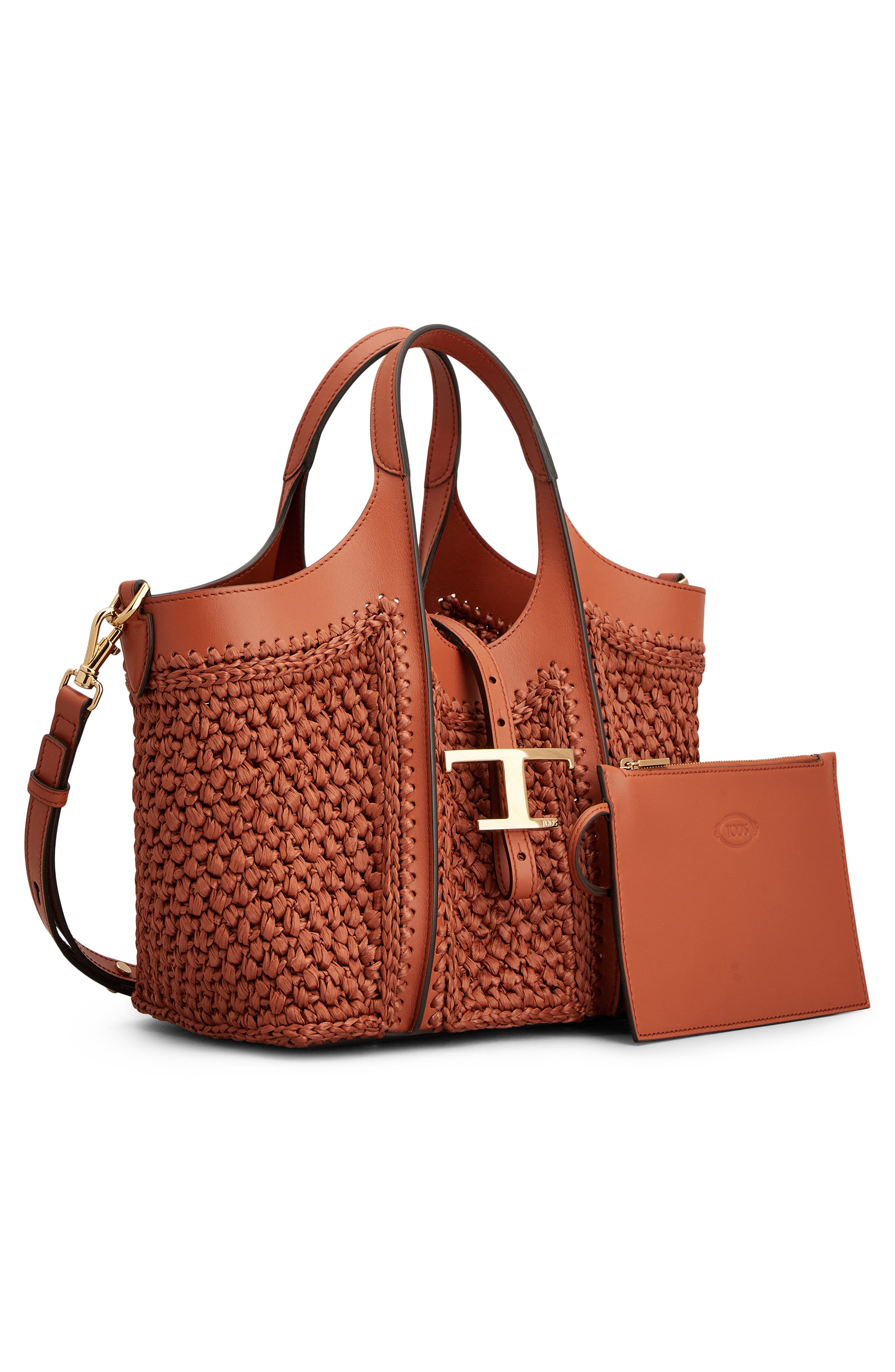 Tod's Mini T Timeless Crochet Raffia & Leather Tote, Alternate, color, Mattone/ Terracotta