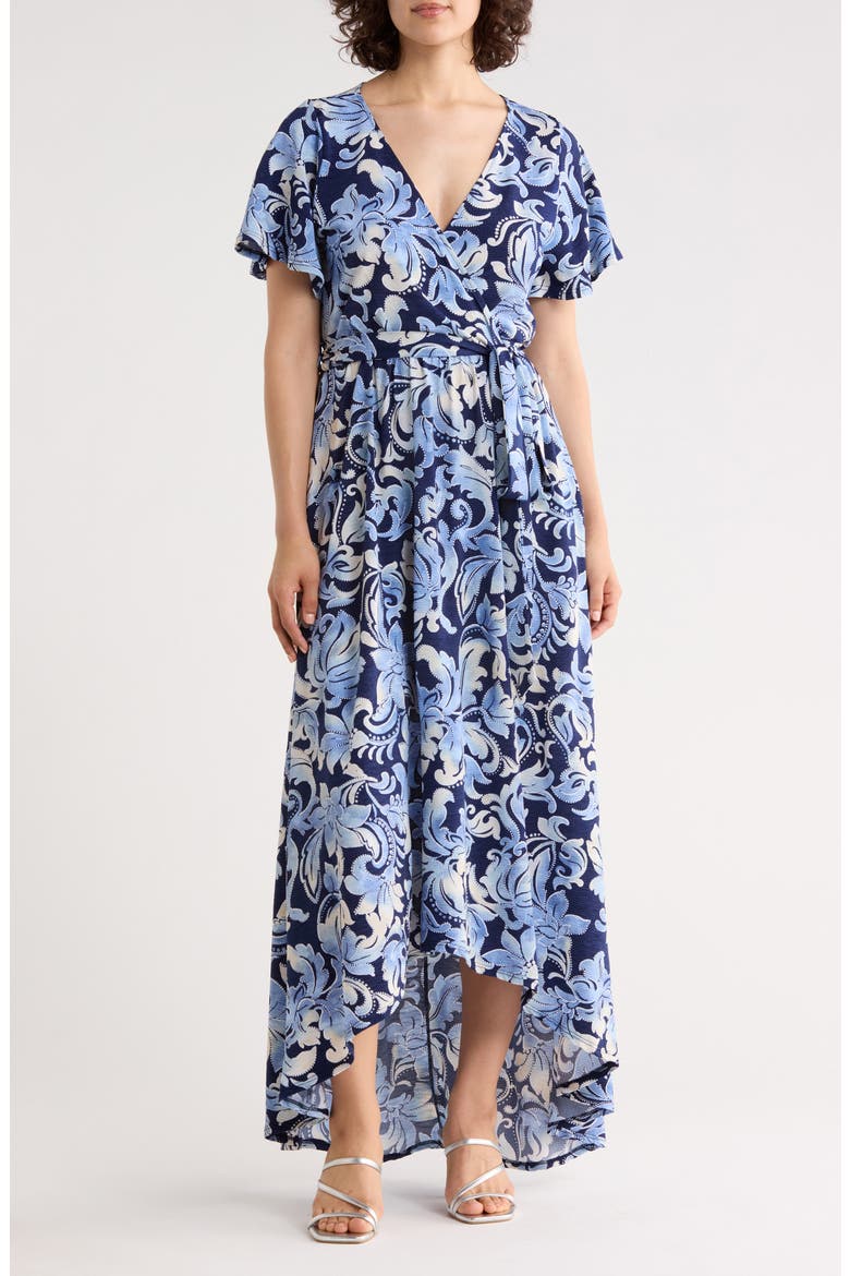 Flutter Sleeve High-Low Dress, Main, color, BLUE/ NAVY PAISLEY