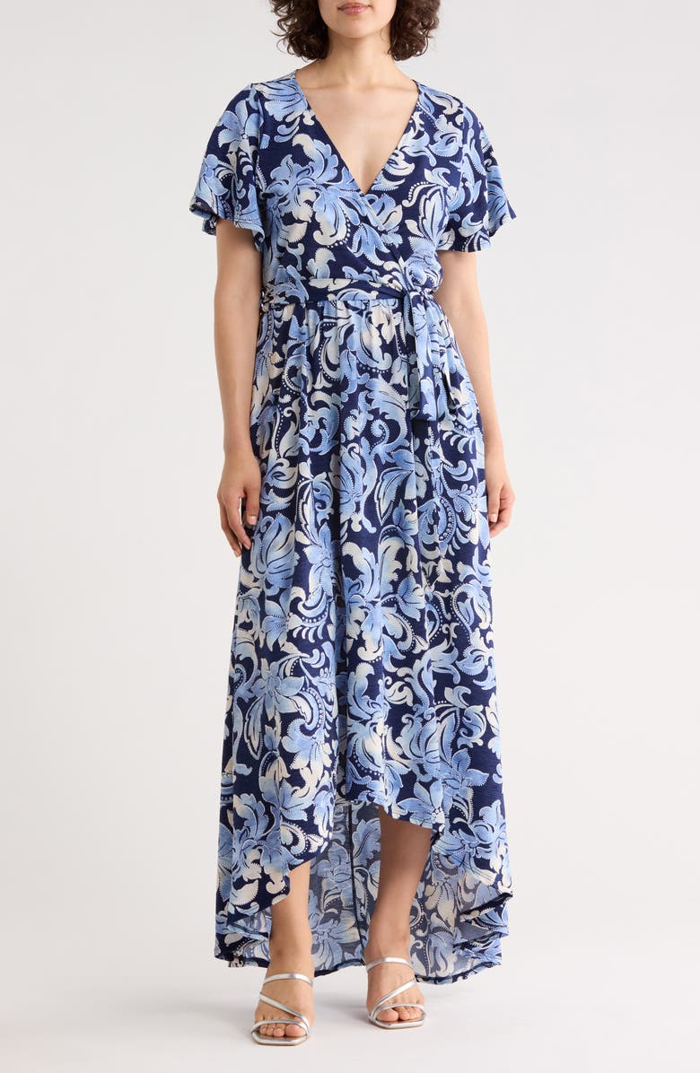 WEST K Floral Short Sleeve High-Low Maxi Dress, Main, color, Blue/ Navy Paisley