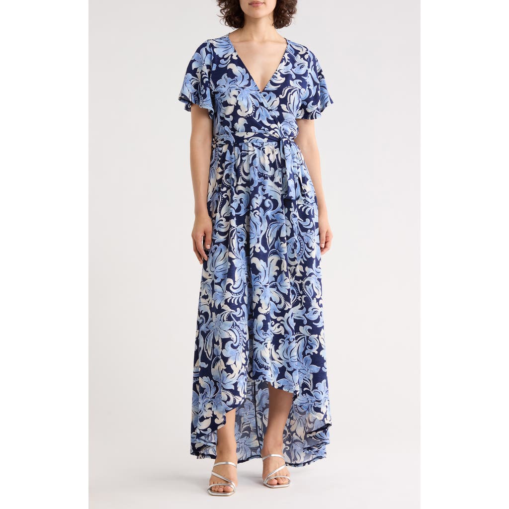 West K Flutter Sleeve High-low Dress In Blue/ Navy Paisley