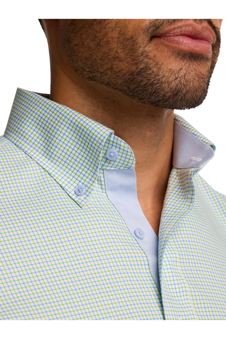 Cotton Poly Spandex Buttondown Collar Twill Slim Contrast Trim Button Cuff Long Sleeve, Alternate, color, Blue/Green