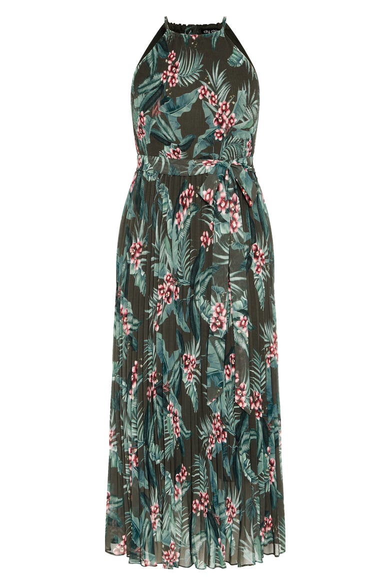 Rebecca Orchid Print Halter Neck Pleated Chiffon Maxi Dress, Alternate, color, JUNGLE MAYA ORCHID