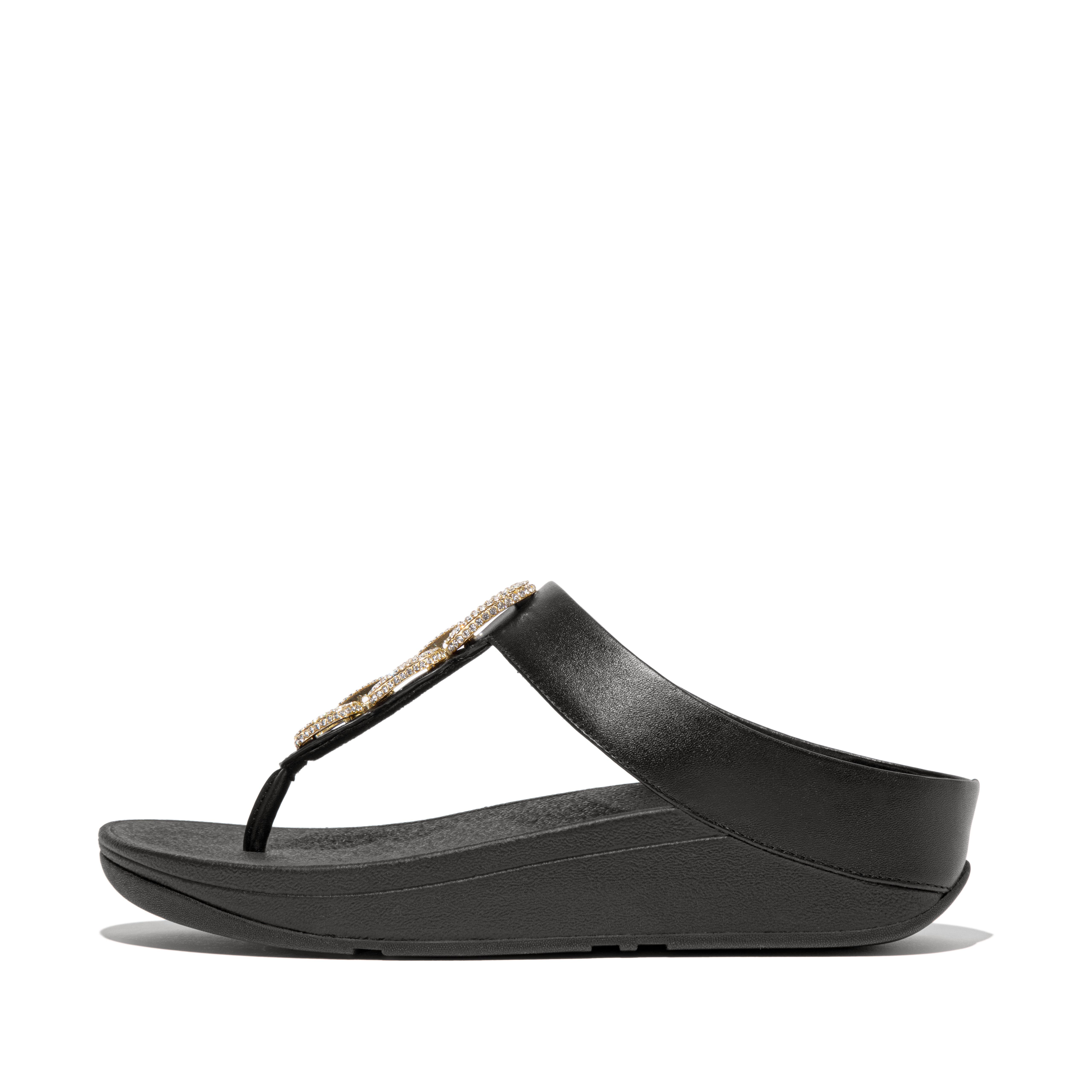 FitFlop Fino Crystal-chain leather toe-post sandals, Alternate, color, Black