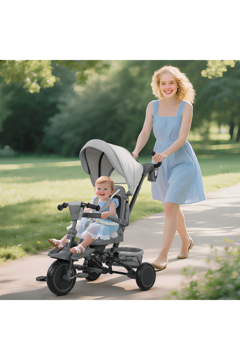 Kids Tricycle with Adjustable Push Handle and Removable Canopy, Alternate, color, Gray